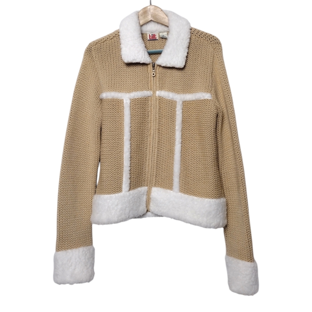 Tilt Vintage Y2K Beige Knit Jacket with White Sherpa Trim Soft Girl/Coquette - Picture 2 of 8